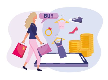 woman with shopping bags and smartphone ecommerce vector illustrationのイラスト素材