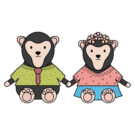 cute monkeys couple childish characters vector illustration designのイラスト素材