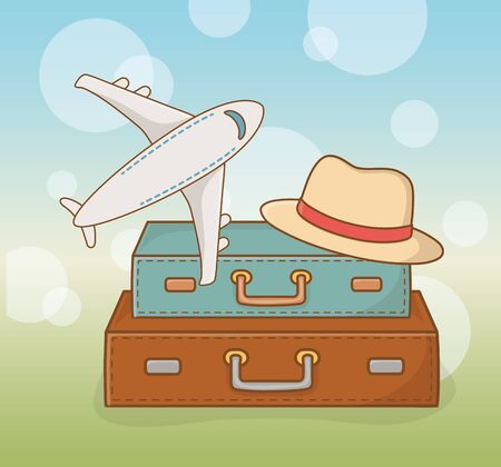 suitcases travel vacations with airplane and hat vector illustration designのイラスト素材