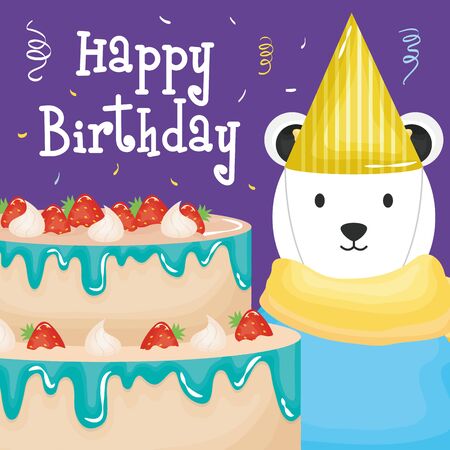 happy birthday card with polar bear and cakeのイラスト素材