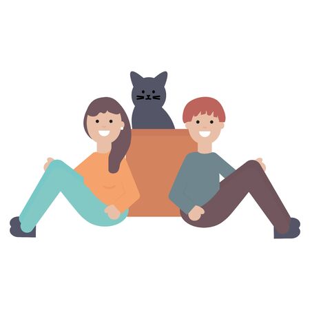 young couple with cute cat mascot vector illustration designのイラスト素材