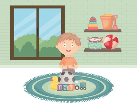 little boy playing with toys in the room vector illustration designのイラスト素材