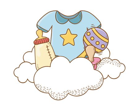 baby shower bodysuit, bottle, maraca, pacifier on clouds cartoon card isolated vector illustration graphic designのイラスト素材