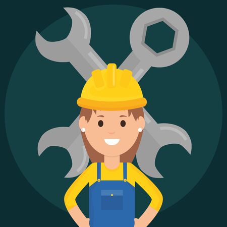 female builder worker with helmet and wrench keys vector illustration designのイラスト素材
