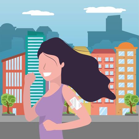 woman running portrait with sportwear avatar cartoon character cityscape vector illustration graphic designのイラスト素材