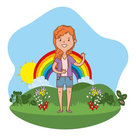 childhood happy child girl at outdoor scene with rainbow cartoon vector illustration graphic designのイラスト素材