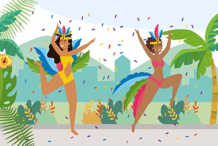girls dancers with costume and confetti decoration vector illustrationのイラスト素材