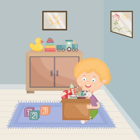 little boy playing with toys in the room vector illustration designのイラスト素材