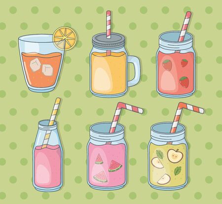 set of glasses containers with fruits juices and strawsのイラスト素材