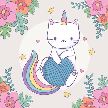 cute caticorn with floral decoration and ball of wool vector illustration designのイラスト素材