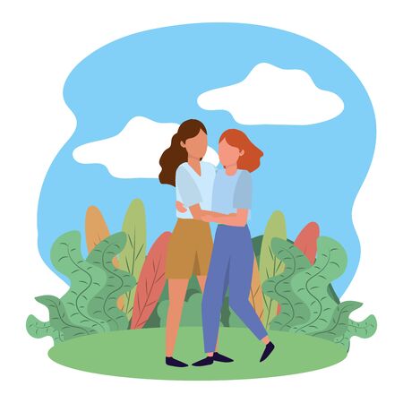 young women nature outdoor scene cartoon vector illustration graphic designのイラスト素材