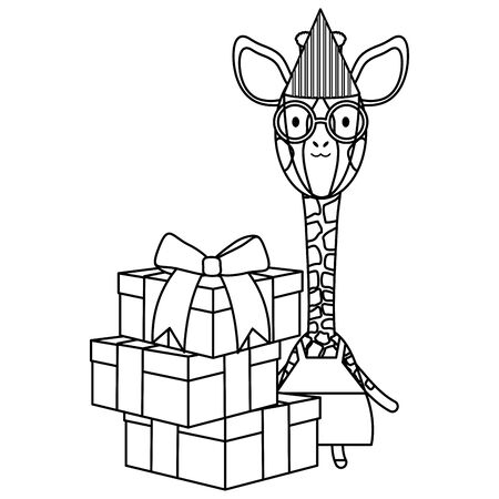 cute giraffe with gift box in birthday partyのイラスト素材