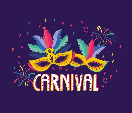 masks with feathers and fireworks to carnival party vector illustrationのイラスト素材