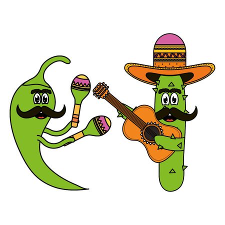 mexican cactus and chilli with hats and guitars comic charactersのイラスト素材
