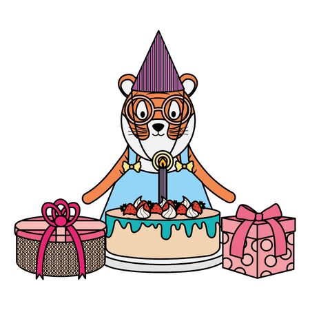 cute tiger with sweet cake in party celebrationのイラスト素材