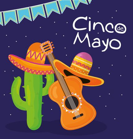 cinco de mayo celebration with guitar and hat mexicanのイラスト素材
