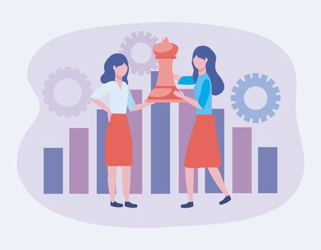 businesswomen with queen chess and statistics bar with gearsのイラスト素材