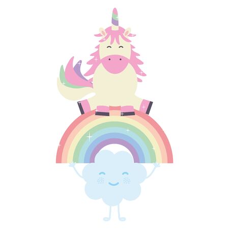 cute unicorn with clouds and rainbow kawaii characters vector illustration designのイラスト素材