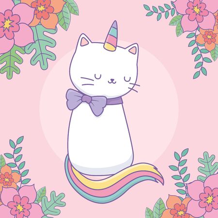 cute cat unicorn with floral decoration vector illustration designのイラスト素材