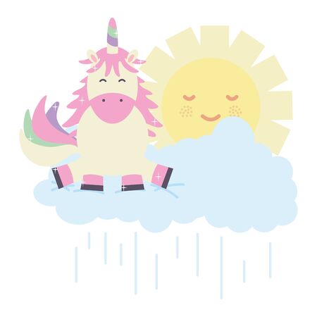 cute adorable unicorn with clouds and sun characters vector illustrationのイラスト素材