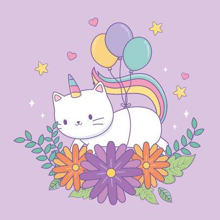 cute cat unicorn with floral decoration and balloons helium vector illustration designのイラスト素材