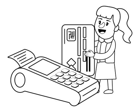 Businesswoman banking financial planning holding credit card currency dataphone black and white vector illustration graphic designのイラスト素材