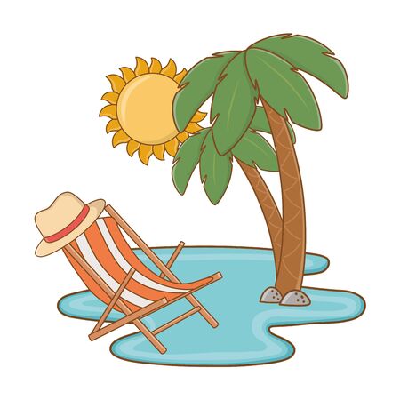 Tourist trip summer travel beach chair sun palm trees on water adventure exploration vector illustration graphic designのイラスト素材