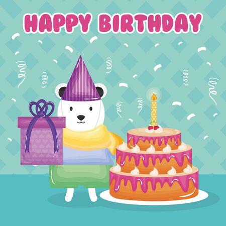 happy birthday card with polar bear and cake vector illustration designのイラスト素材