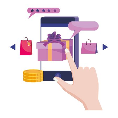 Hand holding smartphone design, Store shopping online ecommerce media market and internet theme Vector illustrationのイラスト素材