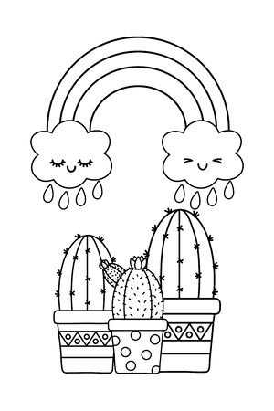 cactus with cloud and rainbow icon cartoon black and white vector illustration graphic designのイラスト素材