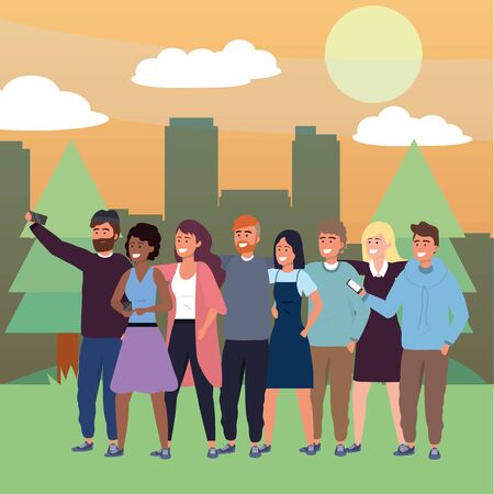 Millennial group taking selfie nature background