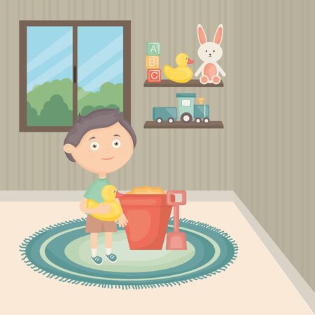 little boy playing with toys in the room vector illustration designのイラスト素材