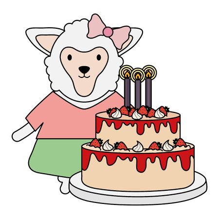 cute sheep with sweet cake in birthday party vector illustration designのイラスト素材