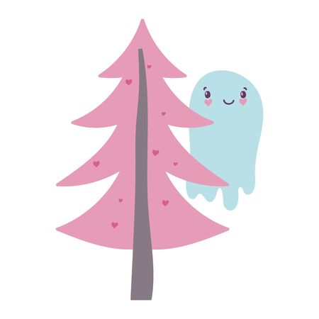 happy halloween celebration creepy ghost and tree vector illustrationのイラスト素材