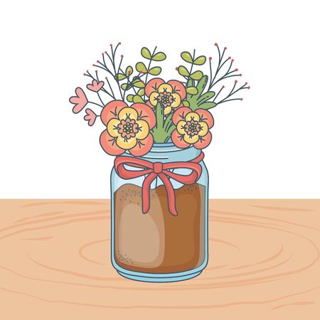 floral nature flowers glass plant pot over wooden table cartoon vector illustration graphic designのイラスト素材