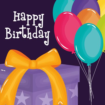 happy birthday card with gift and balloons helium vector illustration designのイラスト素材