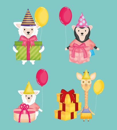 happy birthday card with animals characters vector illustration designのイラスト素材
