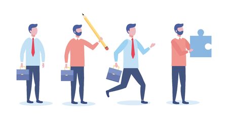 set of businessman with suitcase and puzzle with pencilのイラスト素材