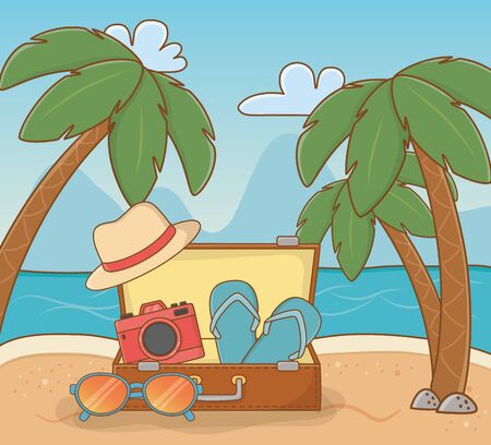 suitcase travel on the beachのイラスト素材