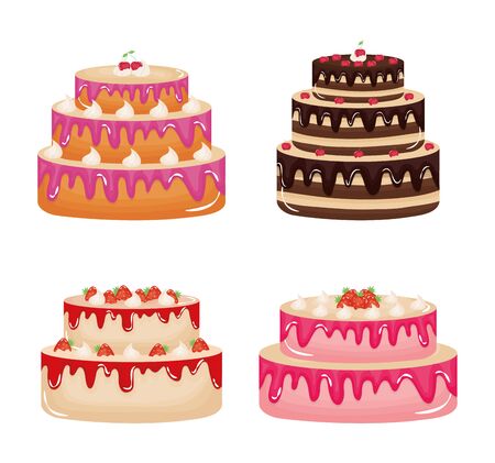 set of delicious sweet cakes styles and flavors