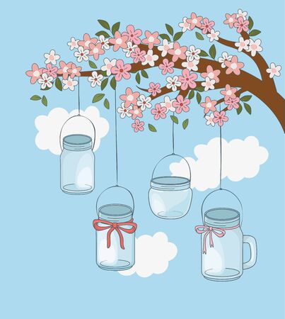 mason jars empty hanging in tree floral branchのイラスト素材