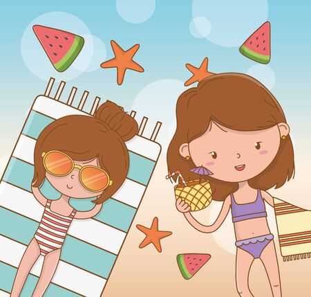 young girl on the beach sceneのイラスト素材