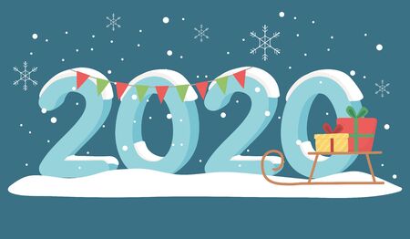 new year 2020 greeting card snow sled gifts and garland vector illustration