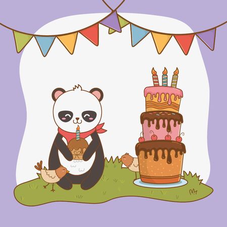 birthday card with cute bear panda woodlandのイラスト素材