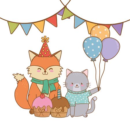 cute little animals at birthday party festive scene cartoon vector illustration graphic designのイラスト素材