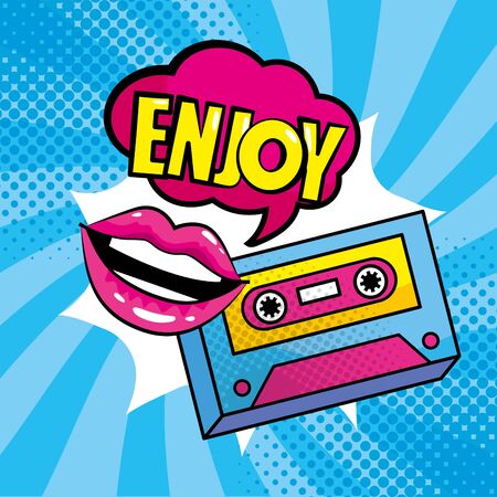 woman mouth with enjoy pop art message and cassetteのイラスト素材