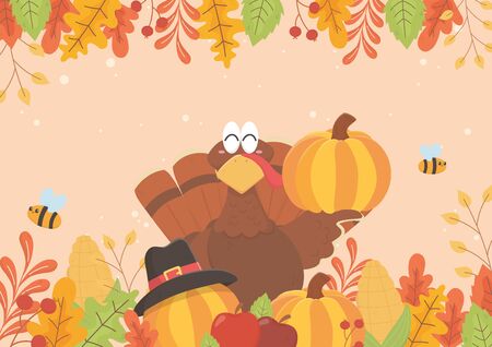 happy thanksgiving turkey holding pumpkin bees and foliage celebration vector illustrationのイラスト素材