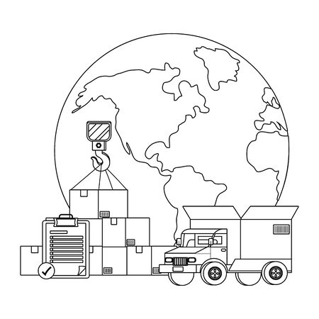 truck with a big box in the back and globe with boxes and checklist vector illustration graphic designのイラスト素材