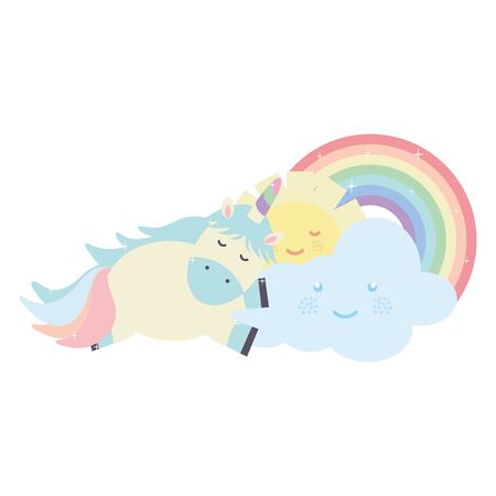 cute unicorn in rainbow with clouds and sun kawaii charactersのイラスト素材