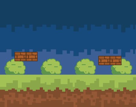 Arcade game world and pixel scene design  vector illustrationのイラスト素材